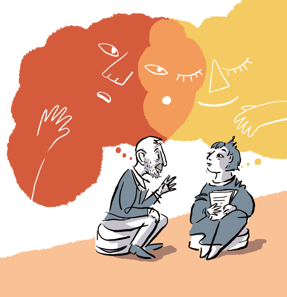 Michael Rosen talking animated to another person, they are holding paper with writing on it. Their thought bubbles look like two cloudy creatures combining into a joint, new one.