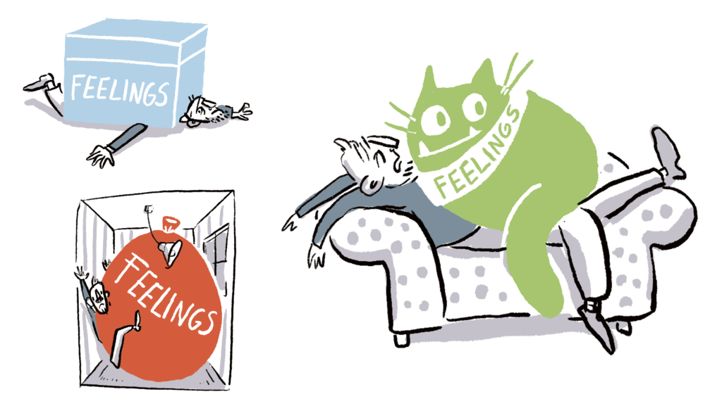 Michael Rosen shown squished by a big box, displaced in a small room by a balloon and weighed down on a sofa by a large cat. The box, calloon and cat are all labelled FEELINGS.
