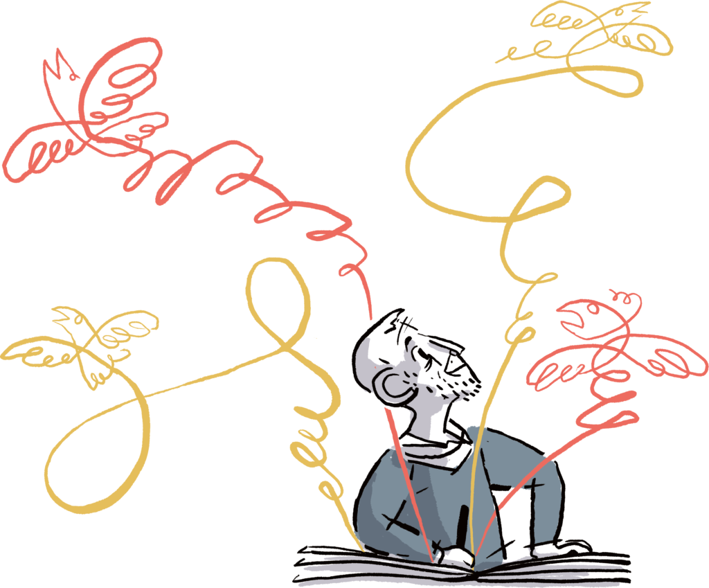 Michael Rosen smiling at swirly, calligraphic birds escaping from the book he is writing in.